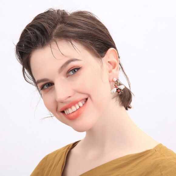 Red Enamel Glaze Bumble Bee Pearl Crystal Gold Statement Dangle Earrings - Picture 3 of 8